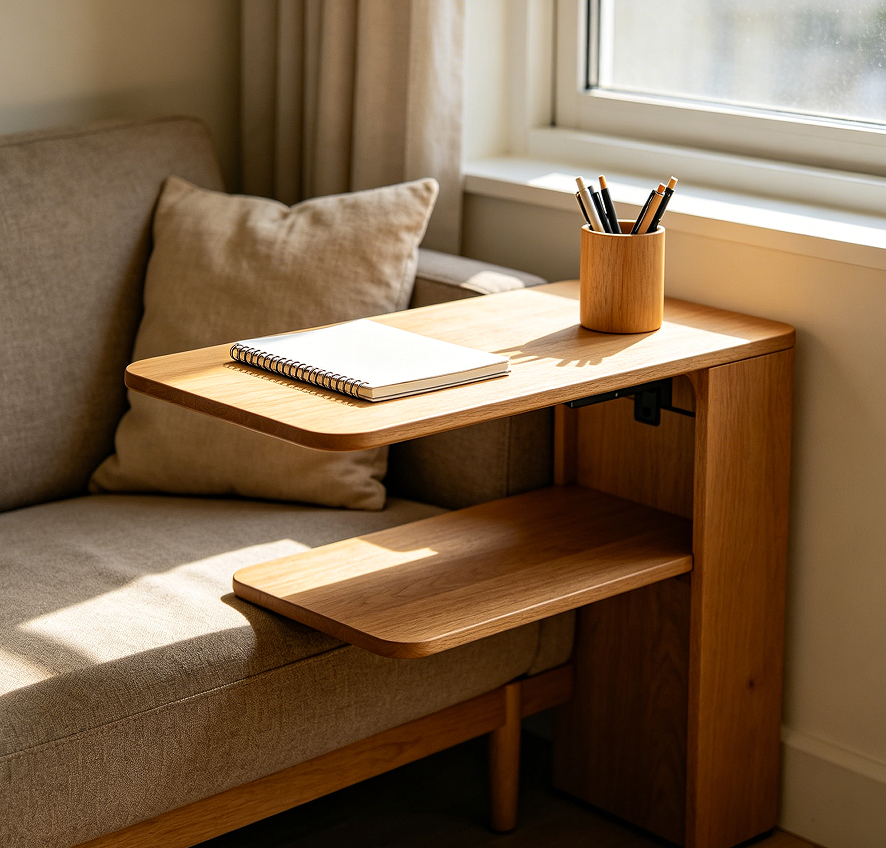 Narrow Sofa Table Used as a Small Writing Desk with Two Tiered Shelves